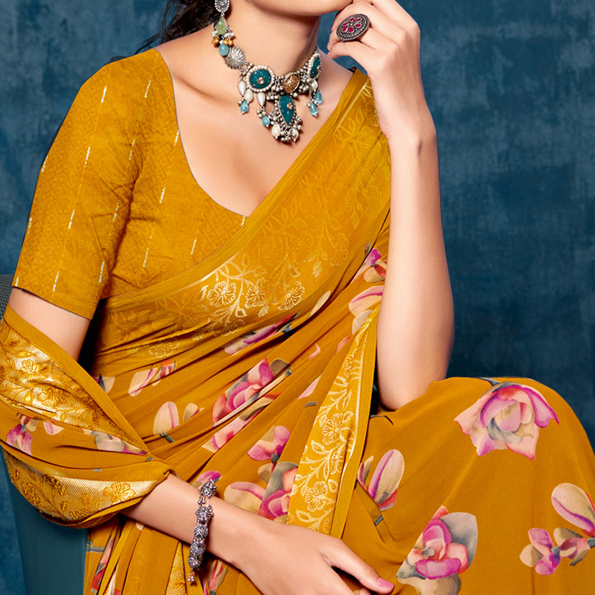 Mustard Floral Printed Georgette Saree With Viscose Border