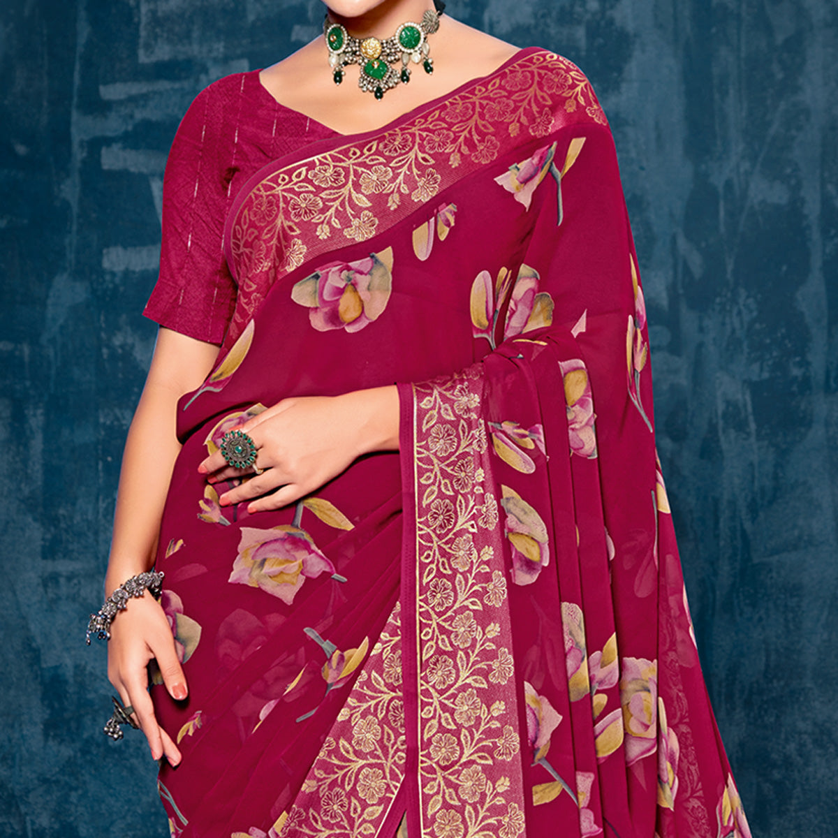 Magenta Floral Printed Georgette Saree With Viscose Border