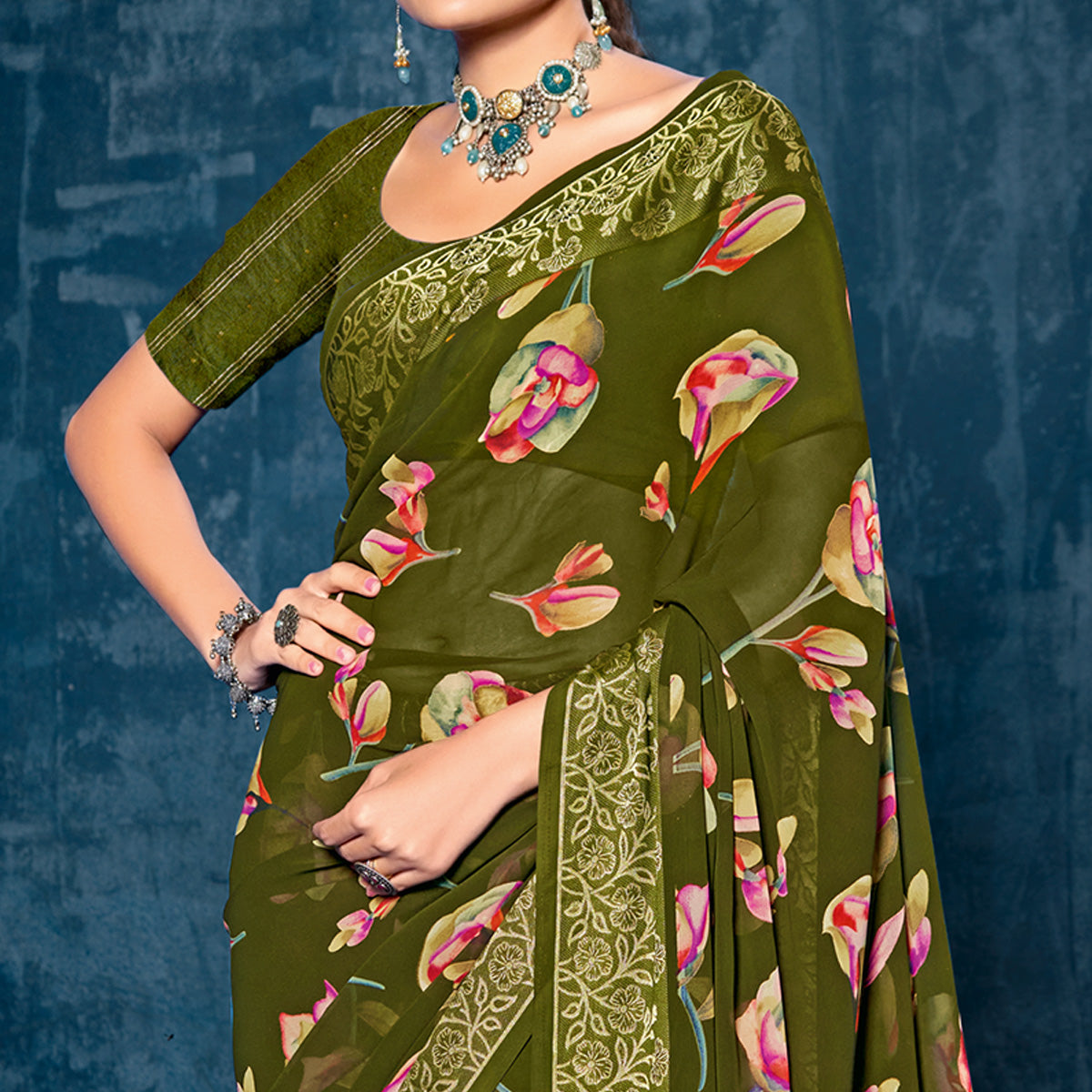 Green Floral Printed Georgette Saree With Viscose Border