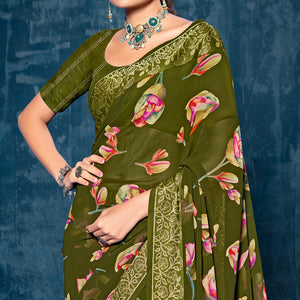 Green Floral Printed Georgette Saree With Viscose Border
