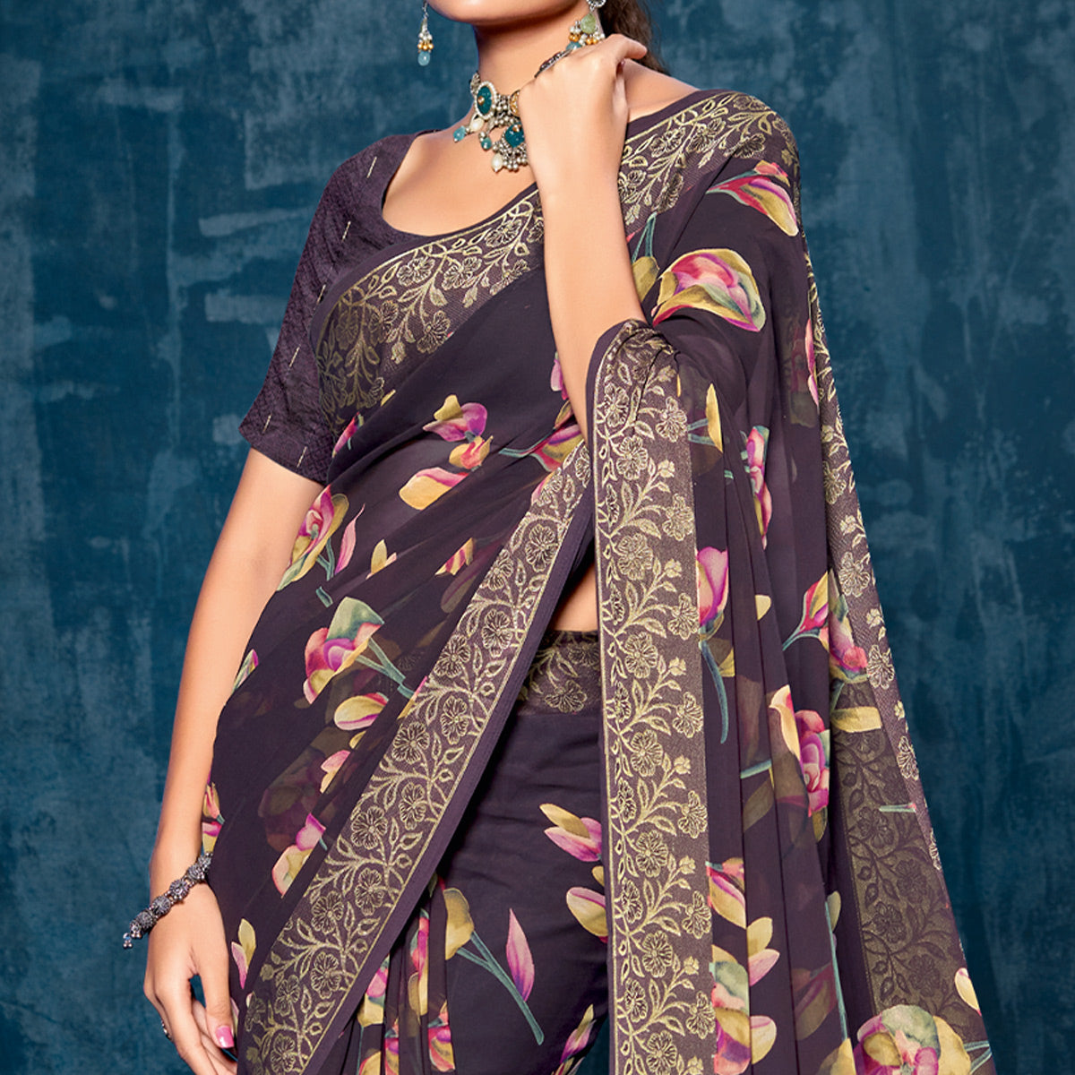 Wine Floral Printed Georgette Saree With Viscose Border