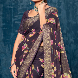 Wine Floral Printed Georgette Saree With Viscose Border