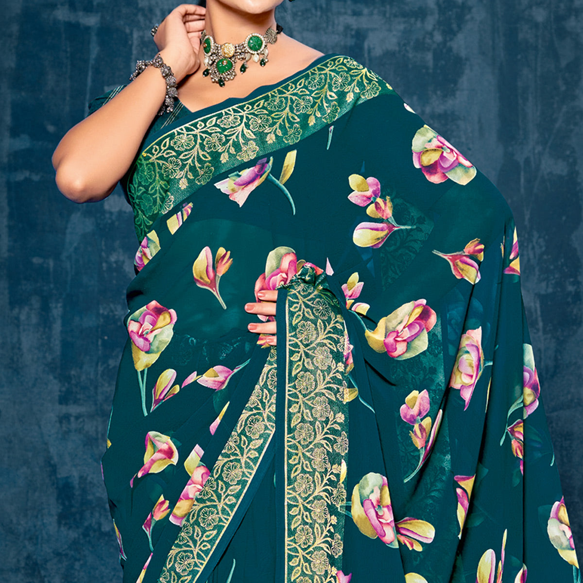 Teal Floral Printed Georgette Saree With Viscose Border