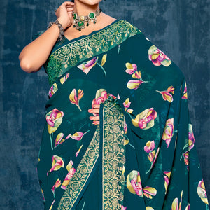 Teal Floral Printed Georgette Saree With Viscose Border