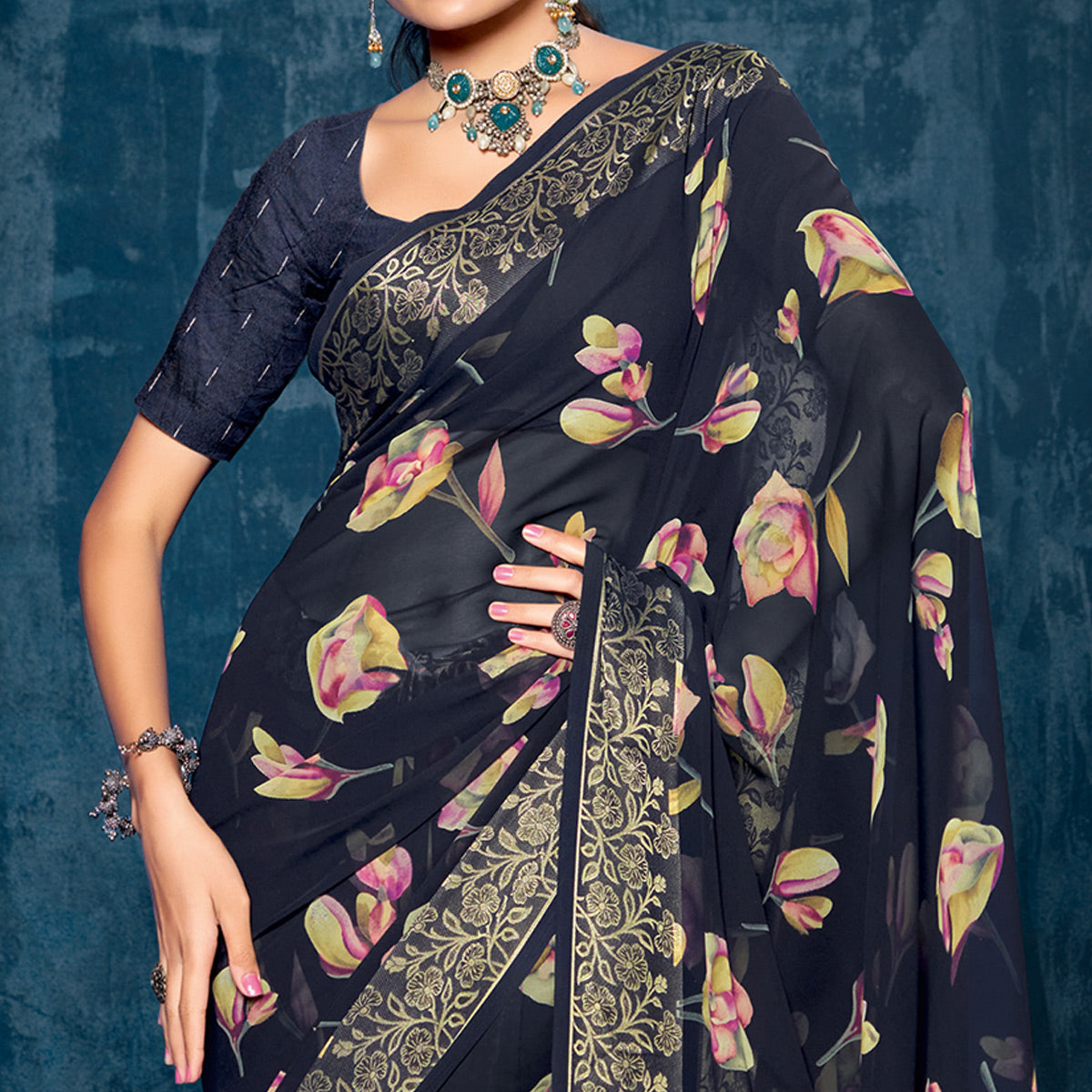 Blue Floral Printed Georgette Saree With Viscose Border
