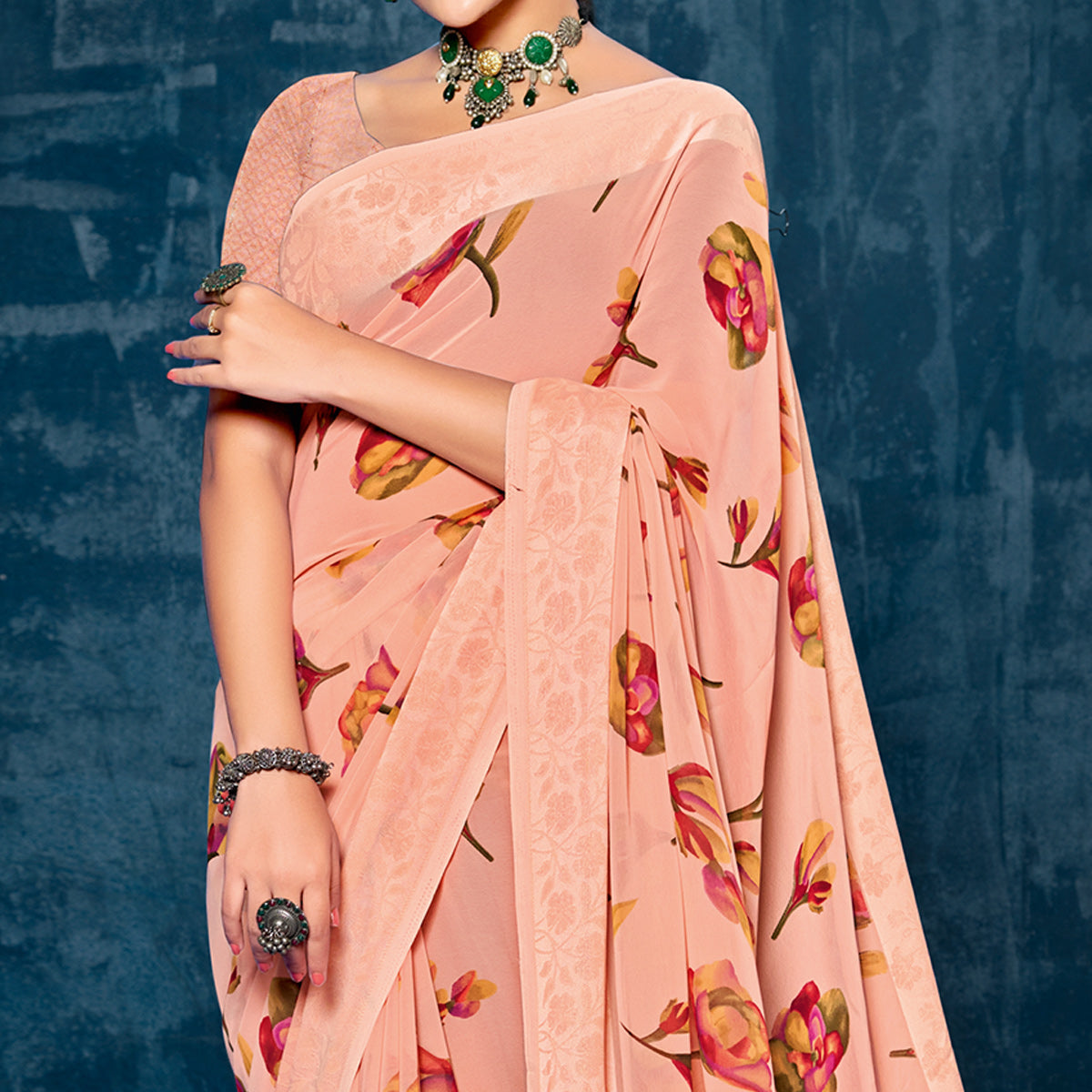 Peach Floral Printed Georgette Saree With Viscose Border