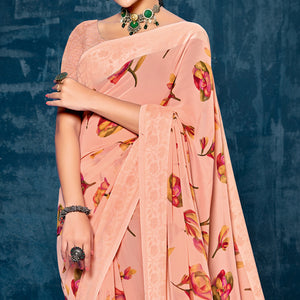 Peach Floral Printed Georgette Saree With Viscose Border