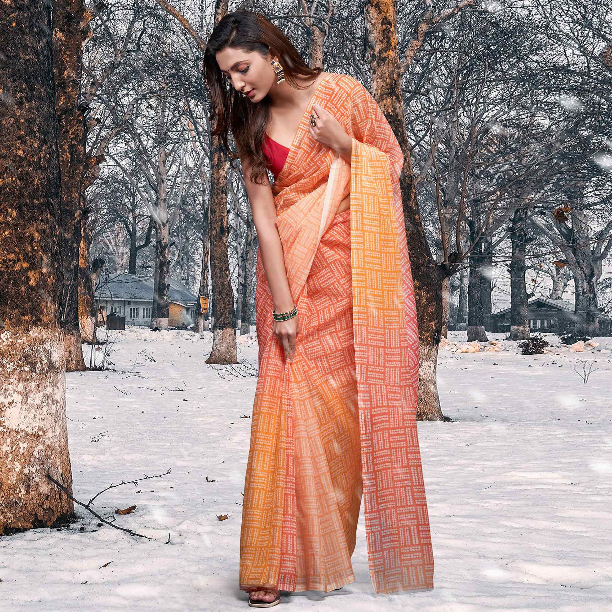 Orange & Yellow Printed Organza Saree