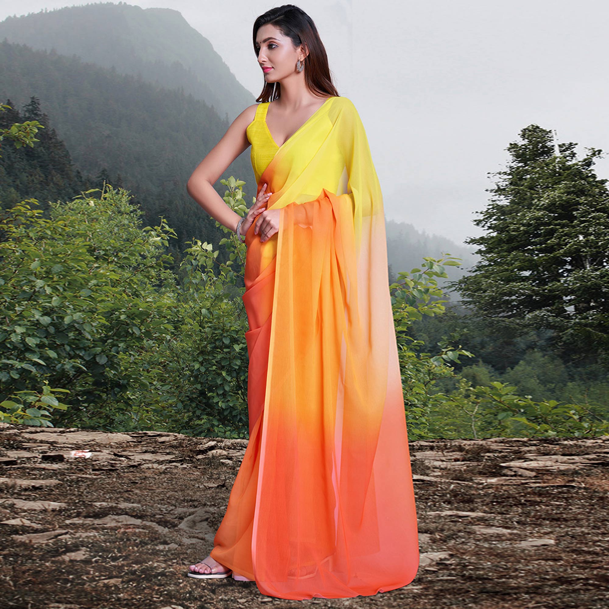 Orange & Yellow Printed Organza Saree