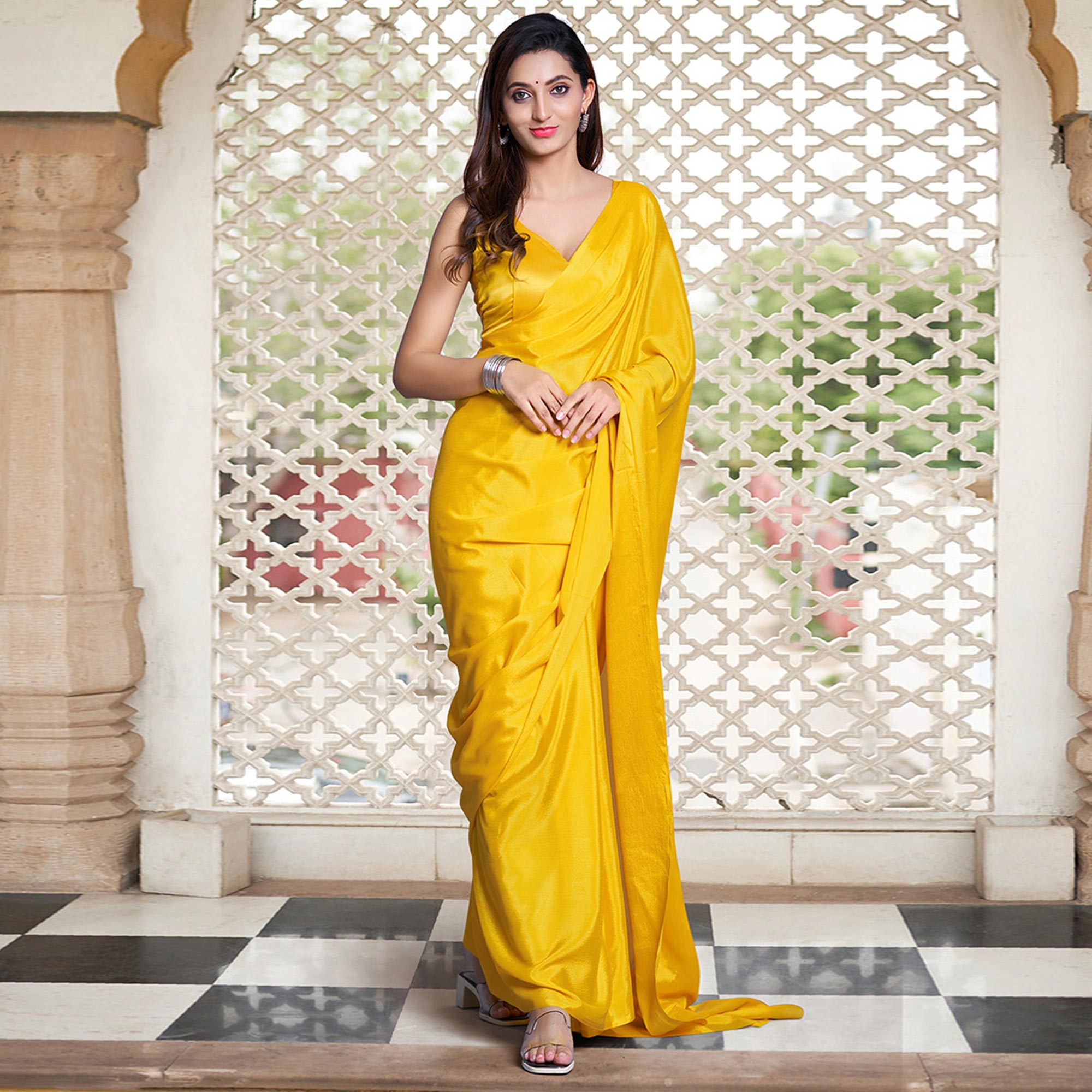 Yellow Solid Chiffon Saree