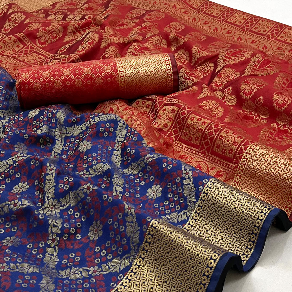 Blue Floral Woven Art Silk Saree