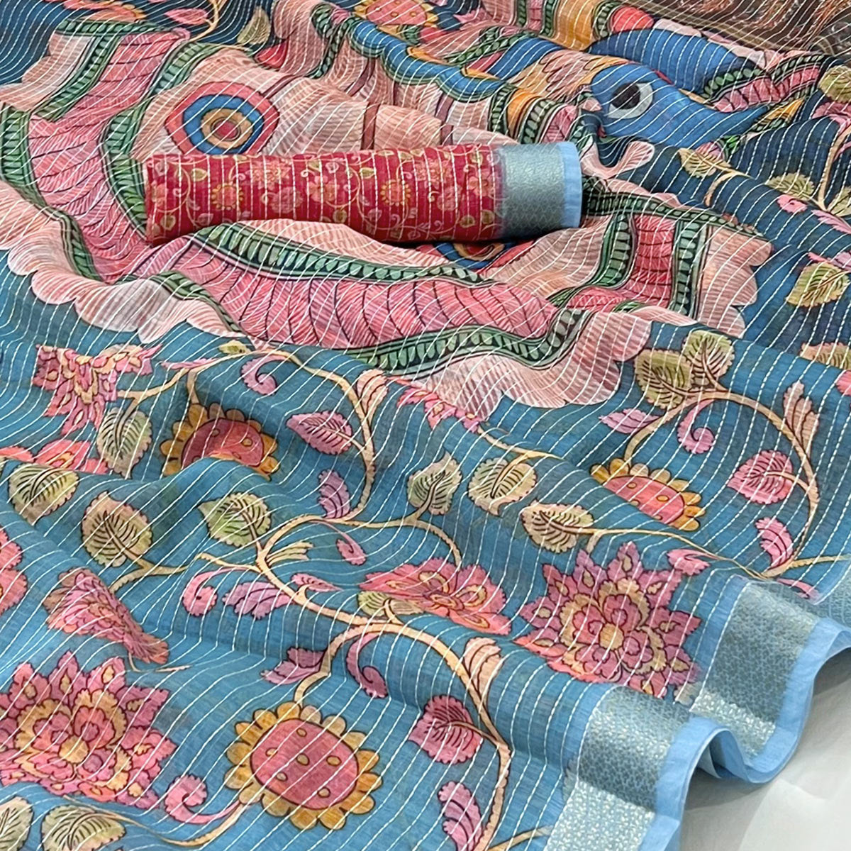 Blue Digital Printed Linen Saree