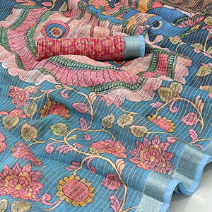 Blue Digital Printed Linen Saree