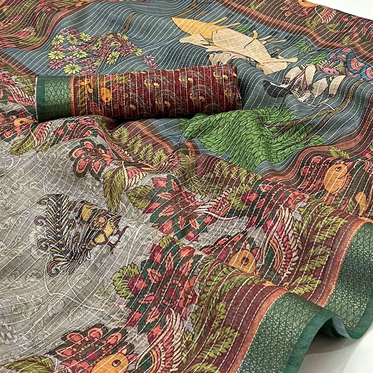 Green Digital Printed Linen Saree
