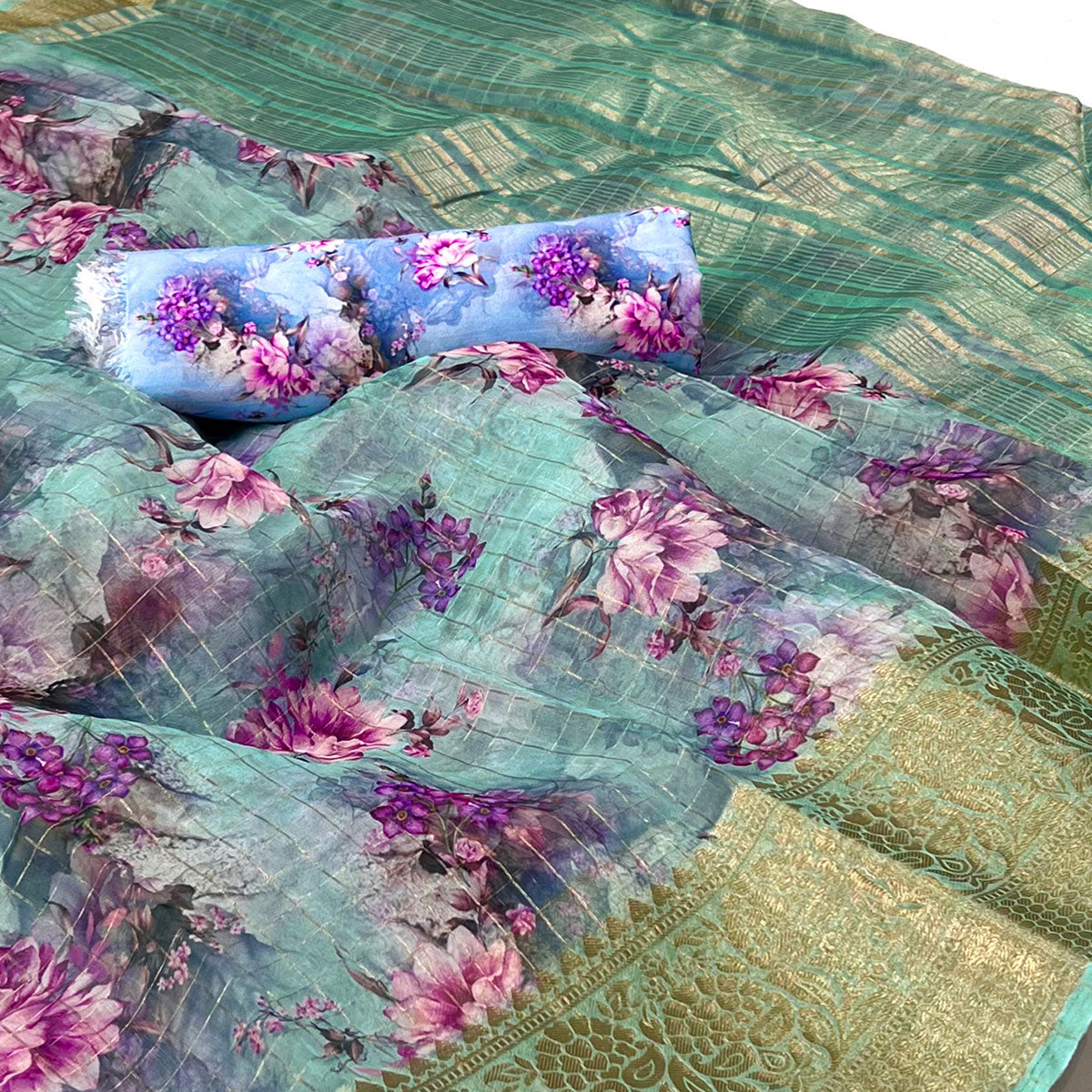 Blue Floral Digital Printed Organza Saree