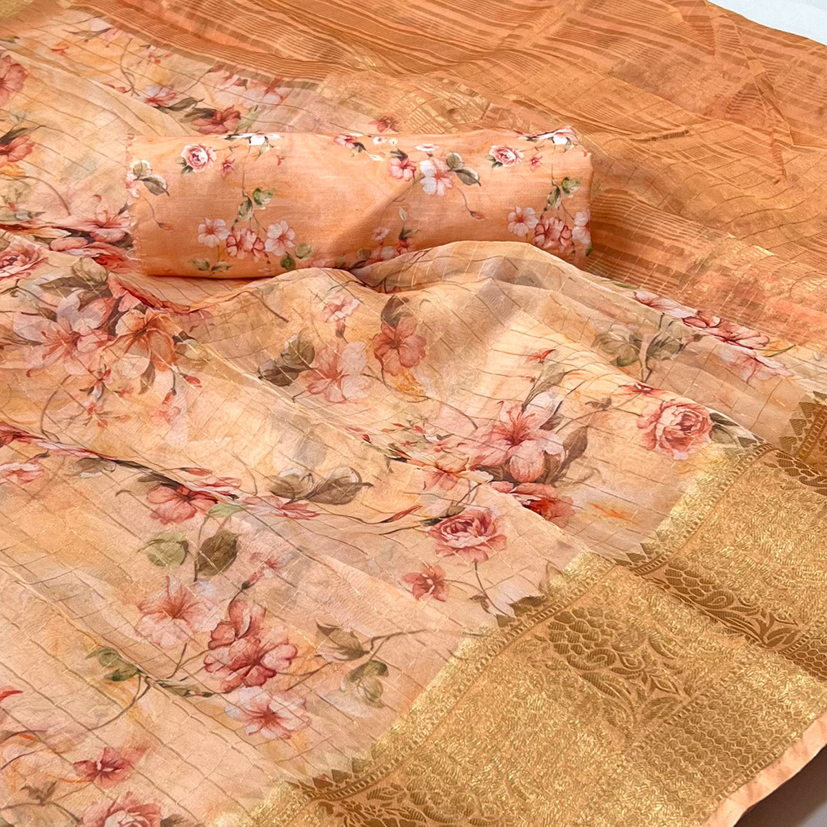 Peach Floral Digital Printed Organza Saree