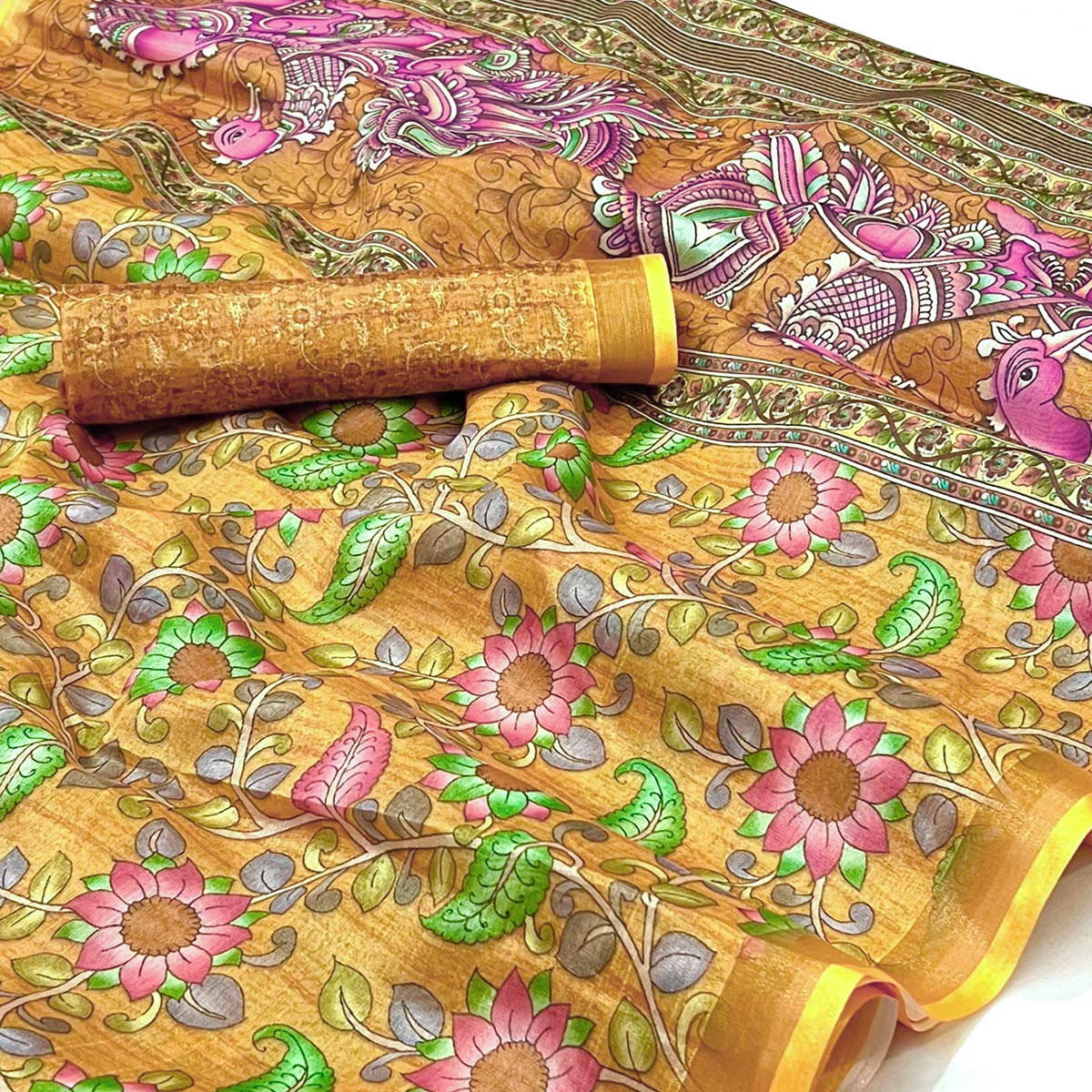 Yellow Floral Digital Printed Cotton Silk Saree