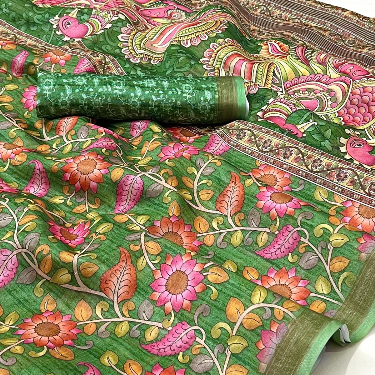 Green Floral Digital Printed Cotton Silk Saree