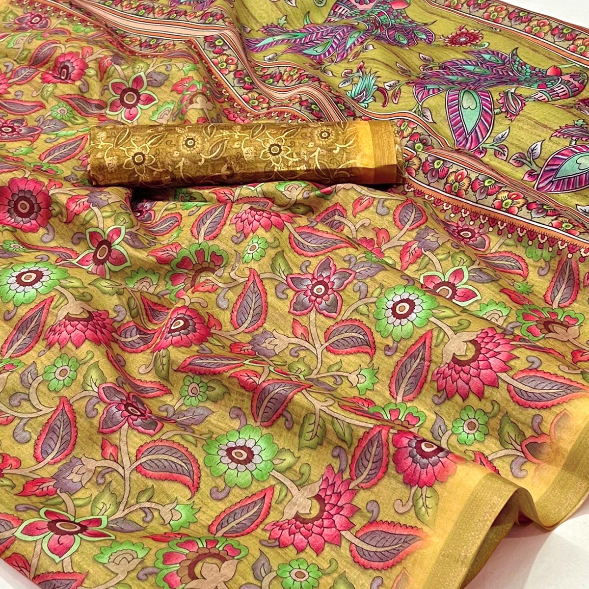 Mustard Floral Digital Printed Cotton Silk Saree