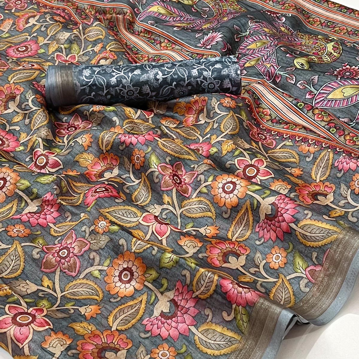 Grey Floral Digital Printed Cotton Silk Saree