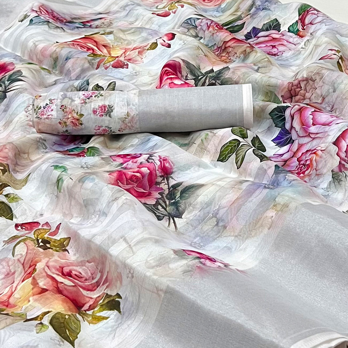 Grey Floral Digital Printed Cotton Silk Saree