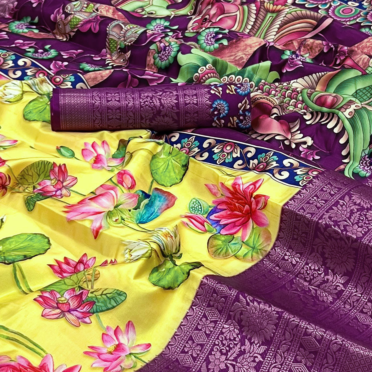 Yellow Floral Digital Printed With Woven Border Art Silk Saree