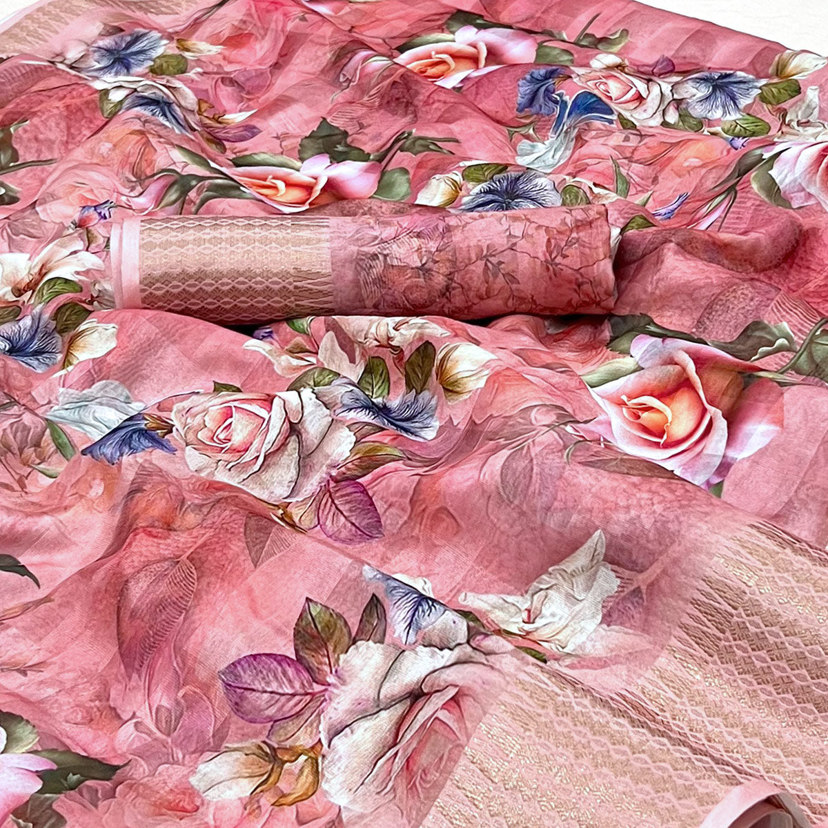 Pink Floral Digital Printed Cotton Silk Saree