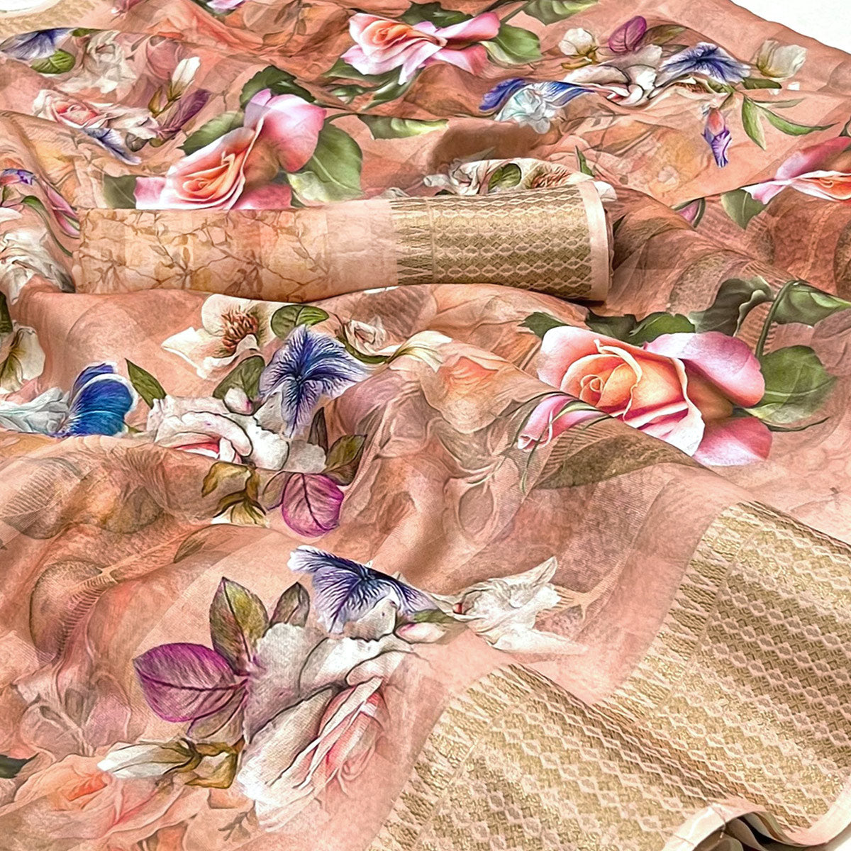 Peach Floral Digital Printed Cotton Silk Saree