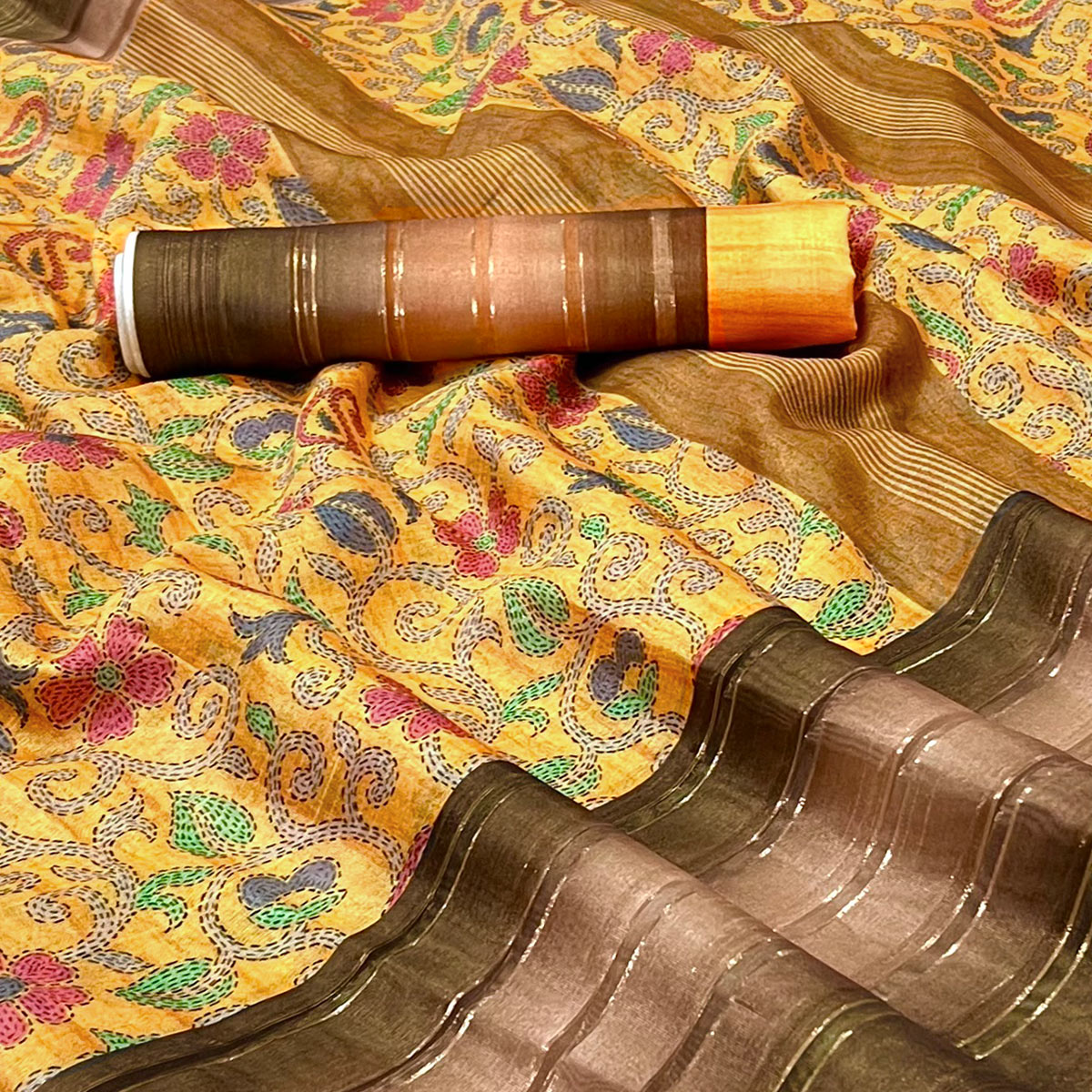 Yellow Floral Digital Printed Cotton Silk Saree