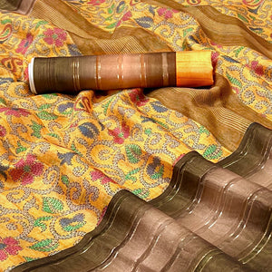 Yellow Floral Digital Printed Cotton Silk Saree