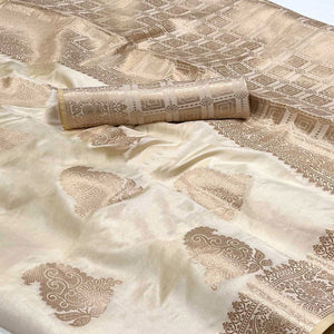 Off White Off White Floral Woven Raw Silk Saree