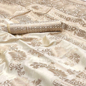 Off White Off White Floral Woven Raw Silk Saree