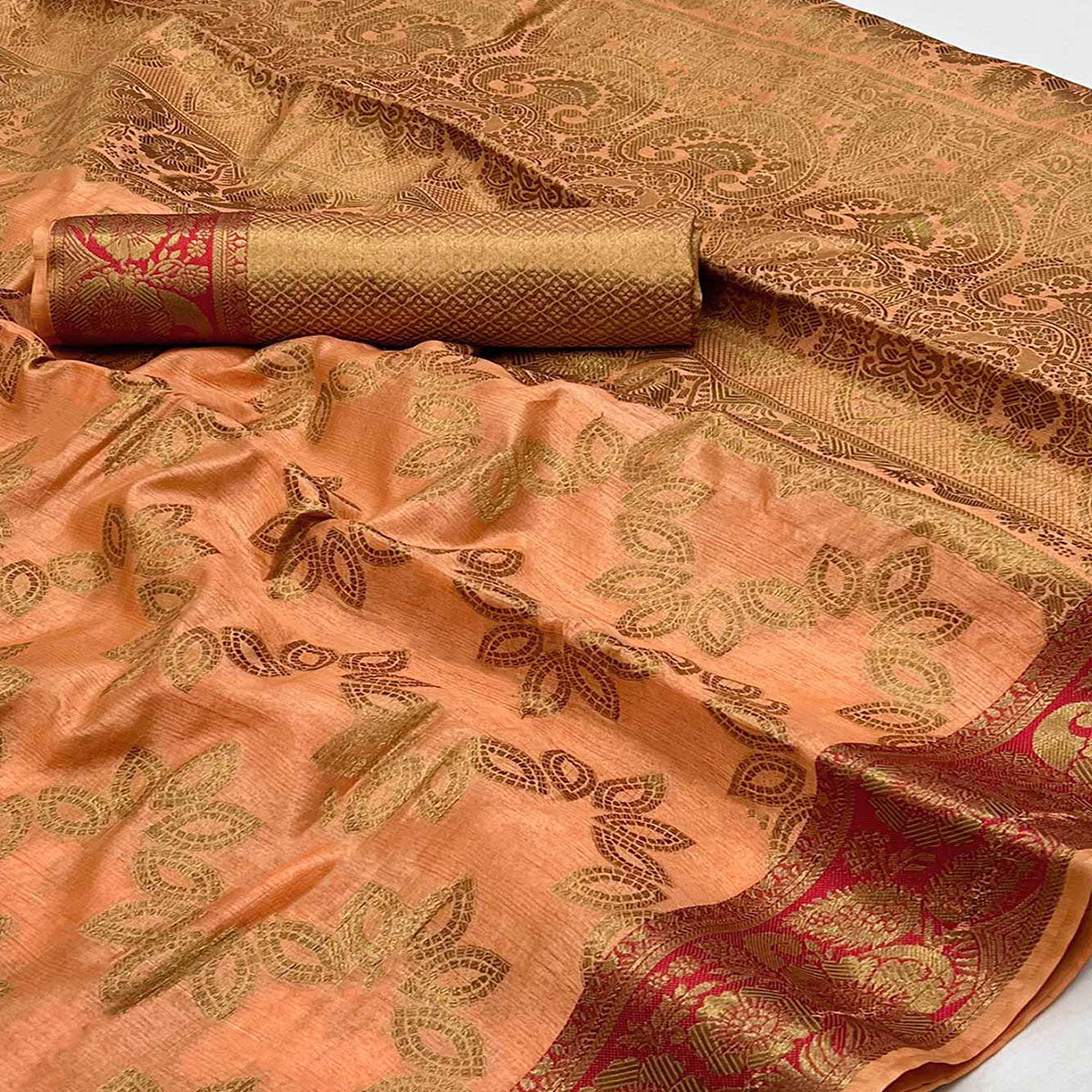 Peach Floral Woven Art Sill Saree