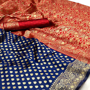 Navy Blue Floral Woven Banarasi Silk Saree