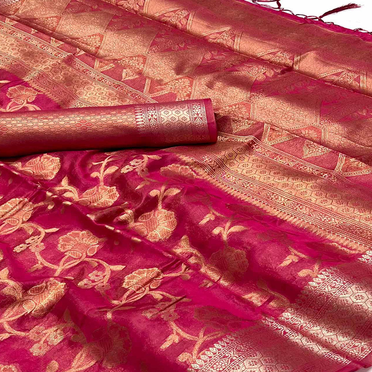 Rani Pink Floral Woven Organza Saree