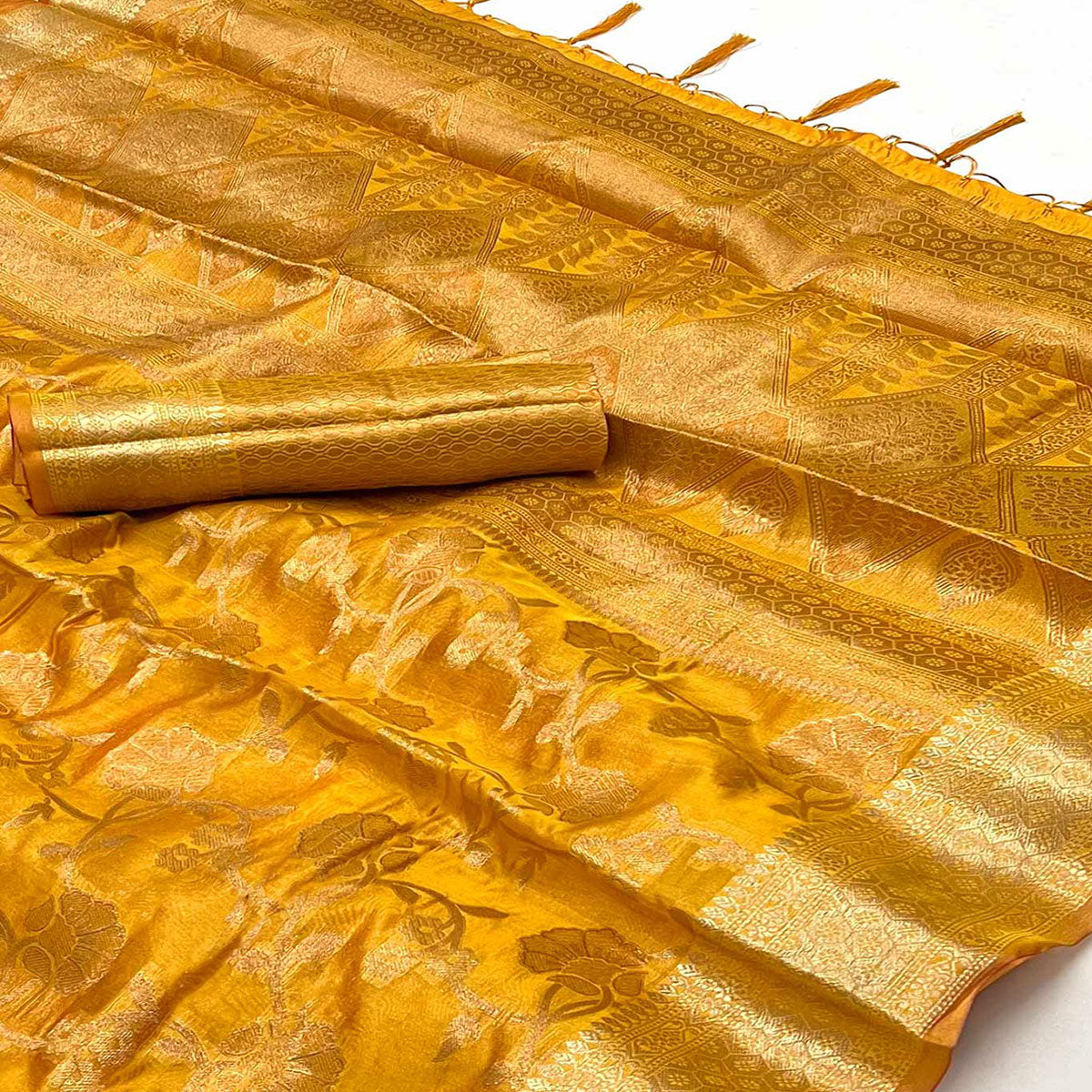 Yellow Floral Woven Organza Saree