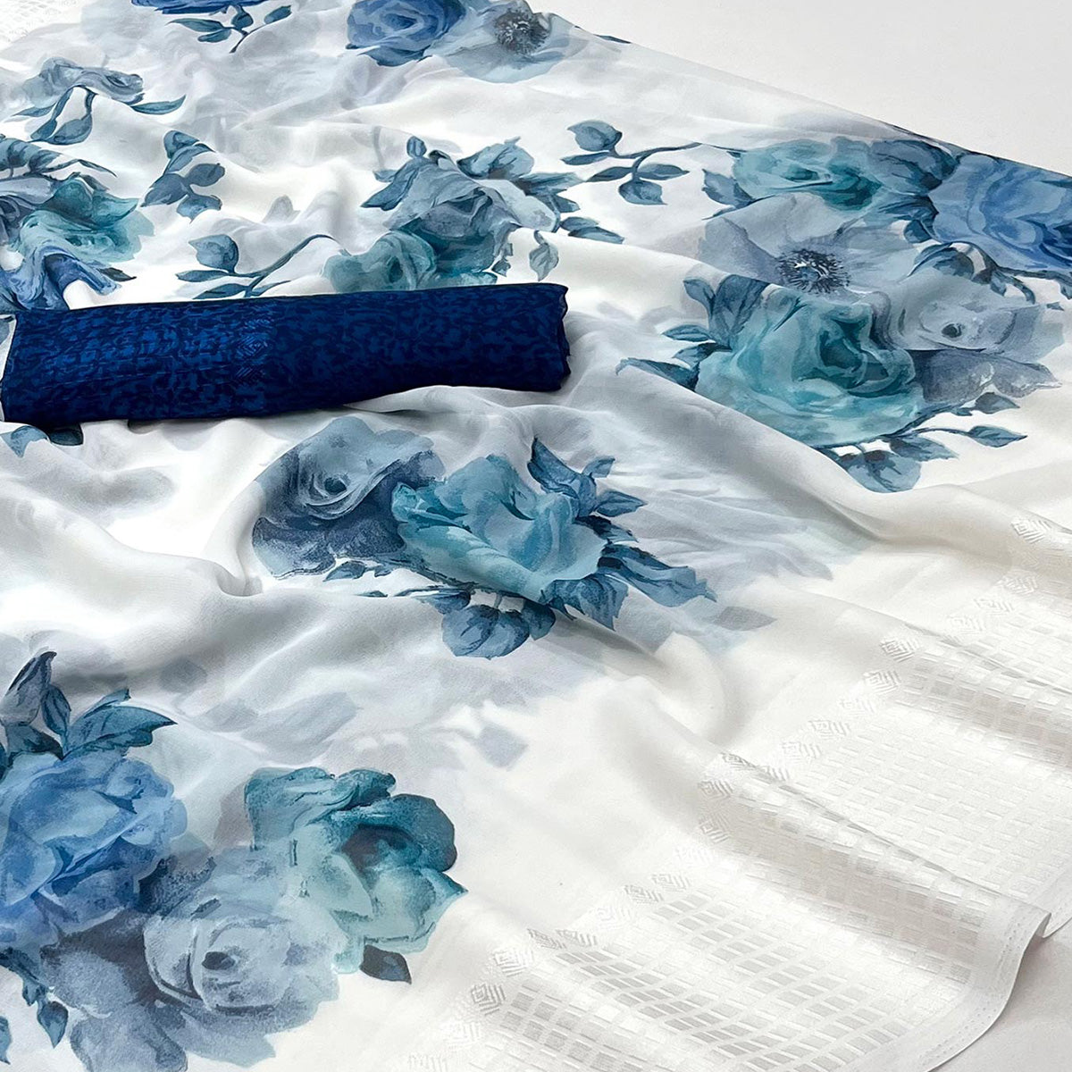 White & Blue Floral Printed Georgette Saree