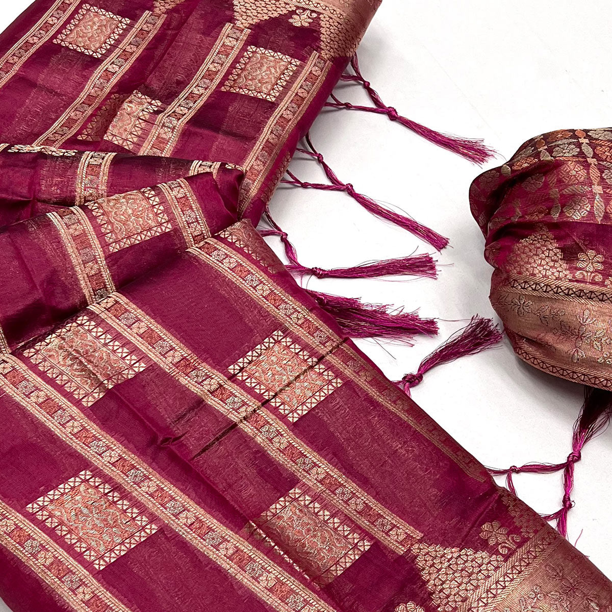 Wine Woven Cotton Blend Saree With Tassels
