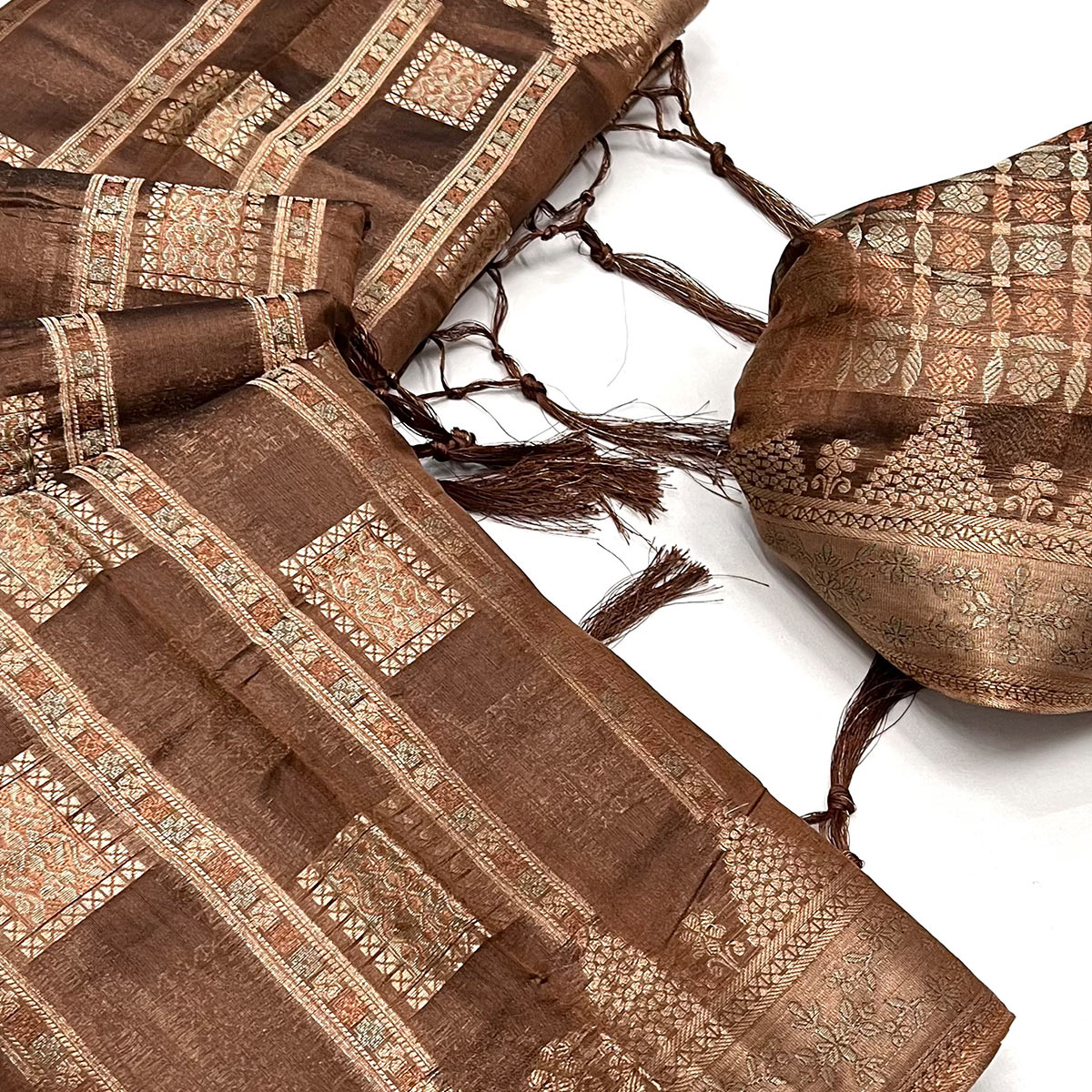 Brown Woven Cotton Blend Saree With Tassels