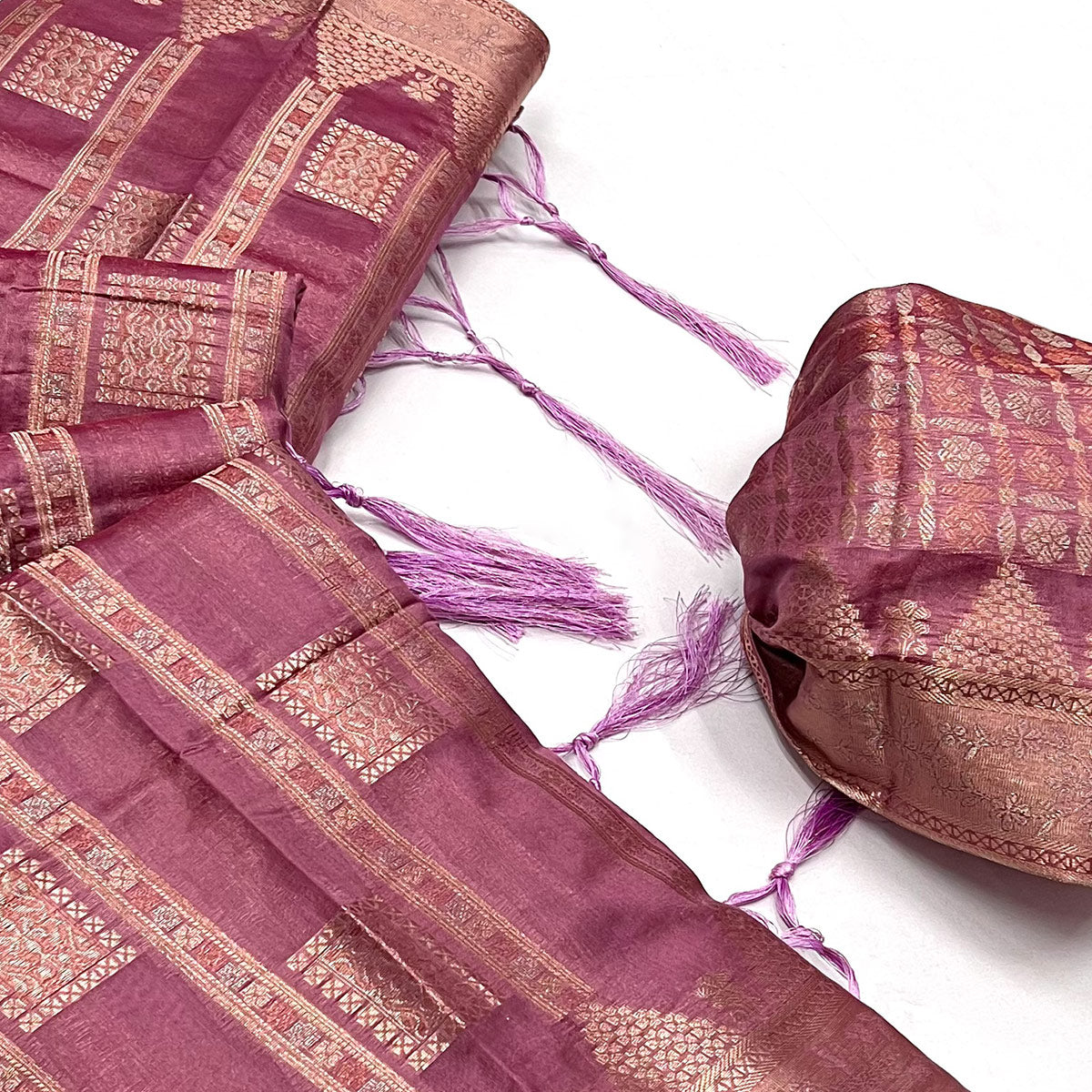 Mauve Woven Cotton Blend Saree With Tassels