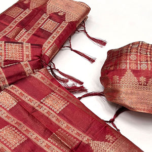 Red Woven Cotton Blend Saree With Tassels