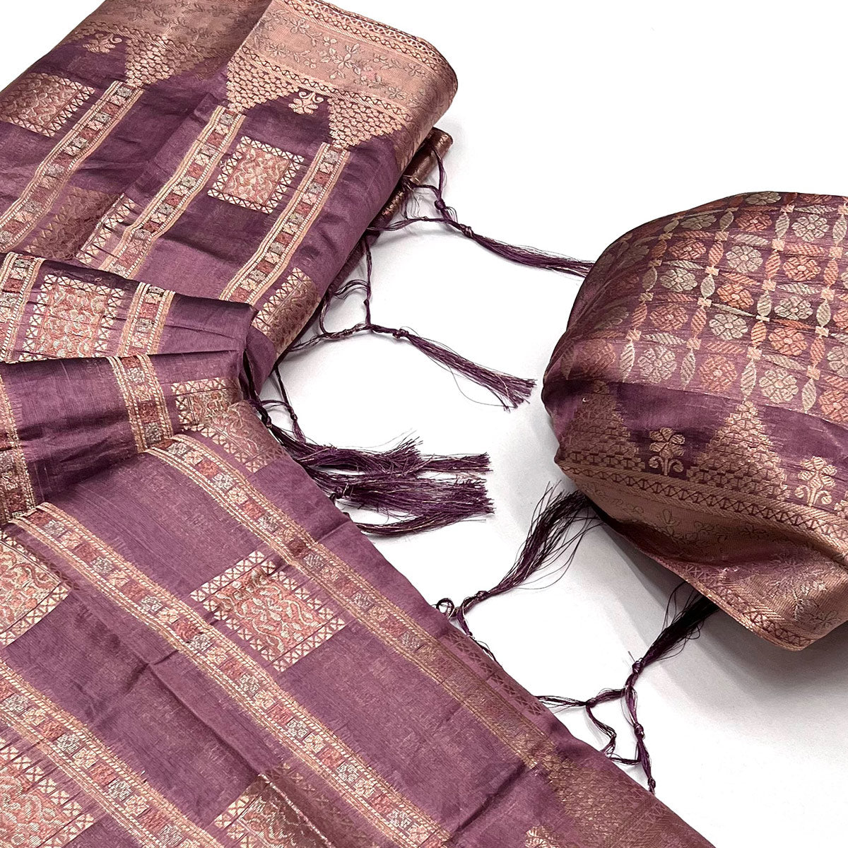 Purple Woven Cotton Blend Saree With Tassels