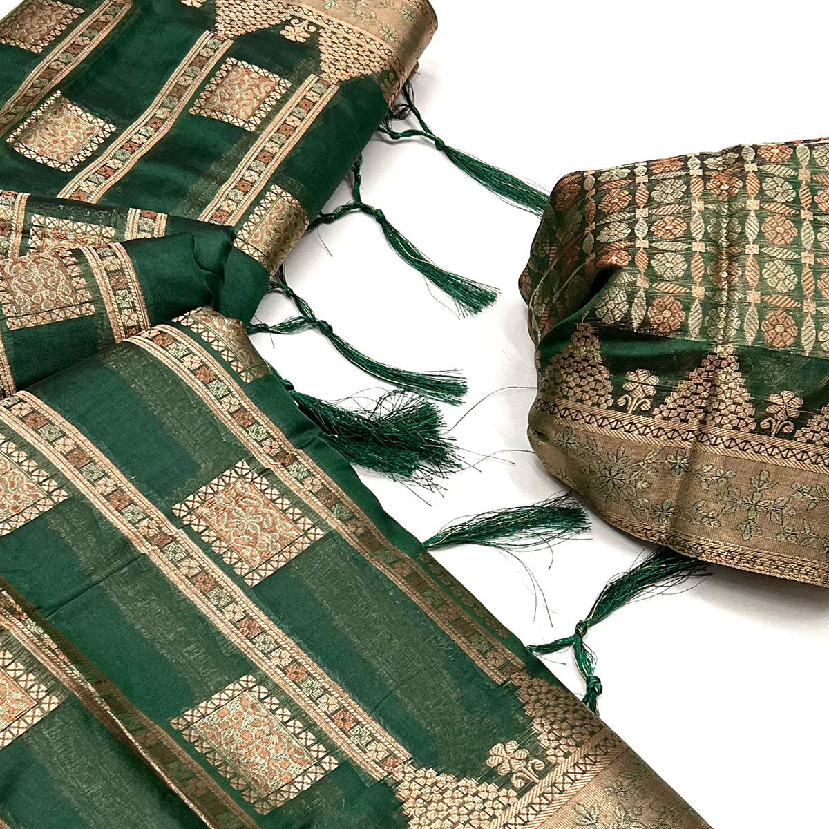 Green Woven Cotton Blend Saree With Tassels