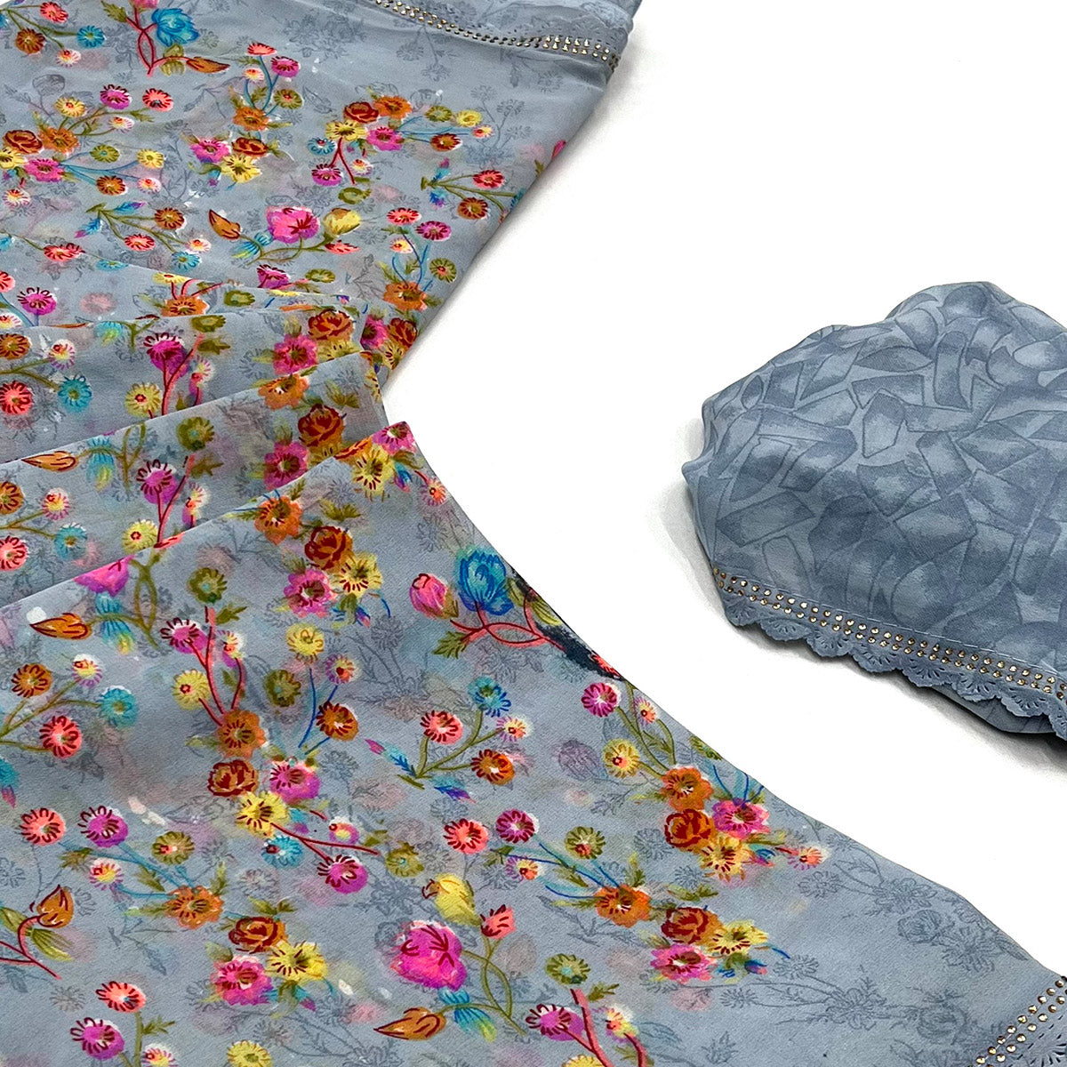 Grey Floral Printed Georgette Saree