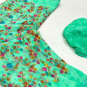 Sea Green Floral Printed Georgette Saree