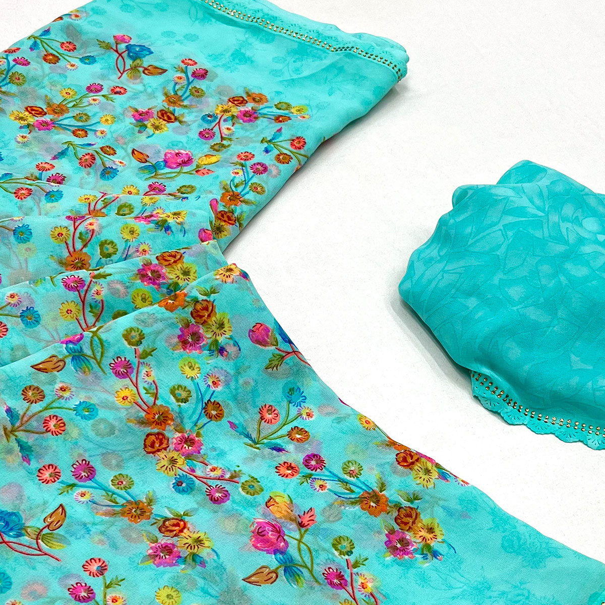 Blue Floral Printed Georgette Saree