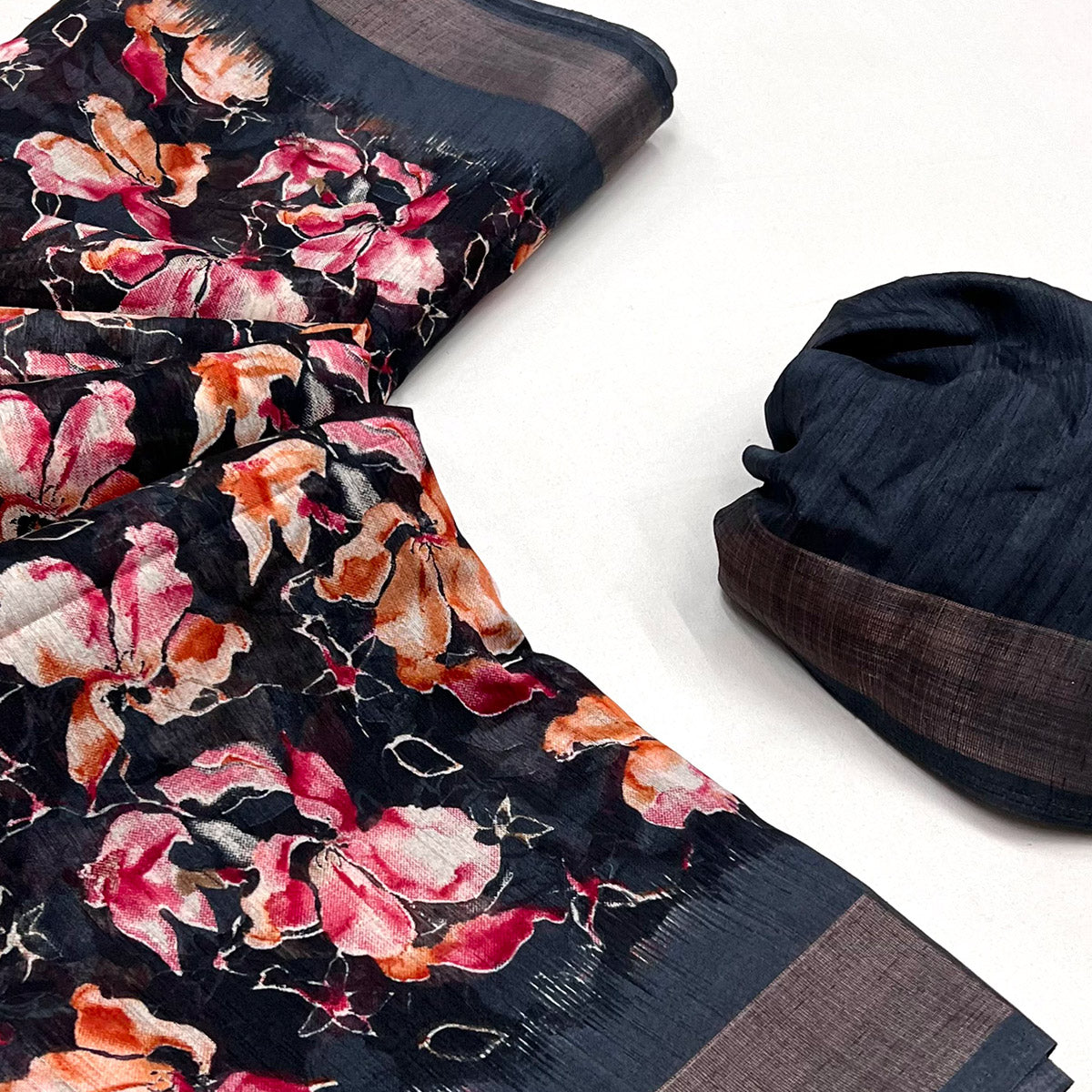 Black Floral Printed Cotton Blend Saree