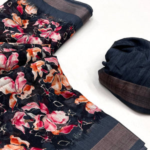 Black Floral Printed Cotton Blend Saree