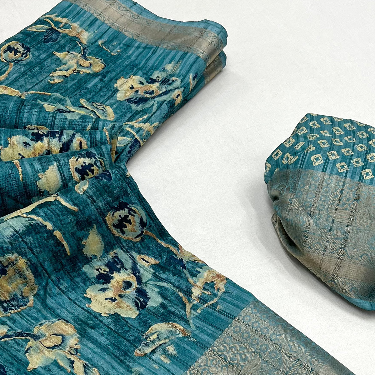 Blue Printed With Woven Border Cotton Blend Saree