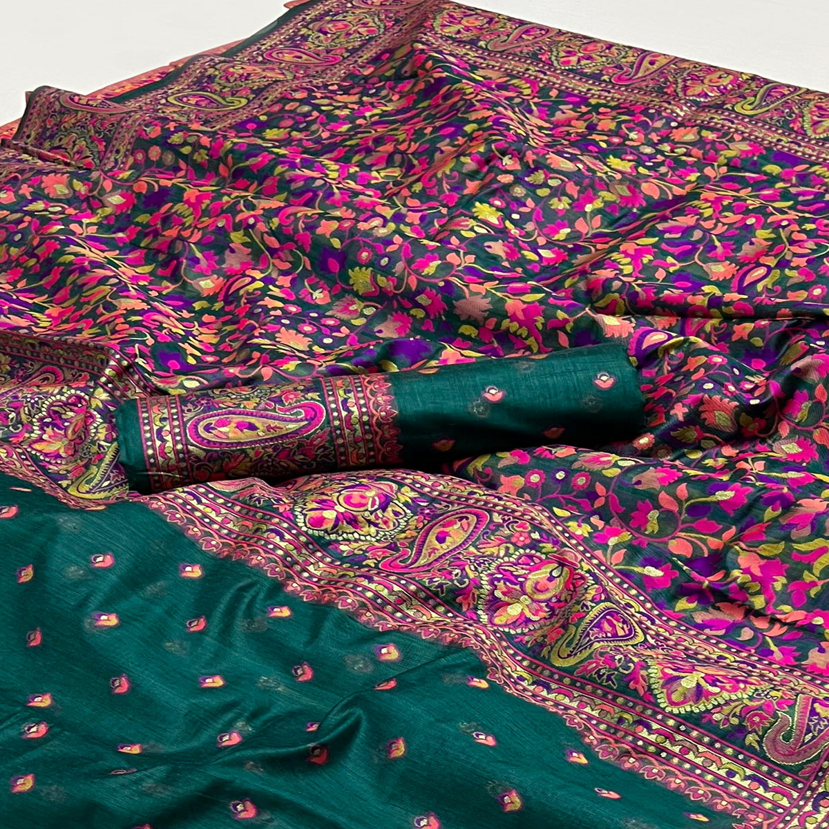 Teal Green Floral Woven Pashmina Saree